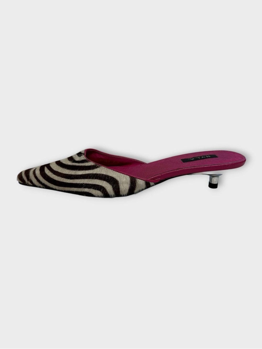 N.Y.L.A. Zebra Pony Hair Kitten Mules